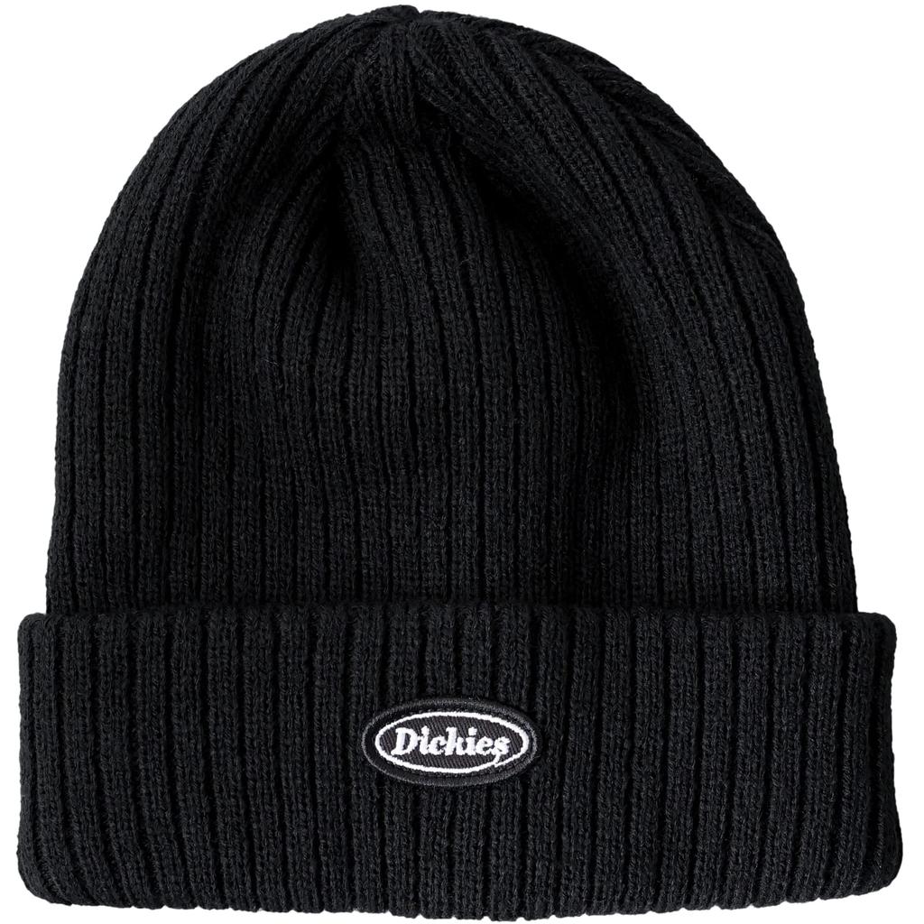 Dickies CALIF Ribbed Knit Cap with Logo Patch, Unisex Acrylic Beanie, Solid Color, Black Patch, for Snowboarding, Men's and Women's