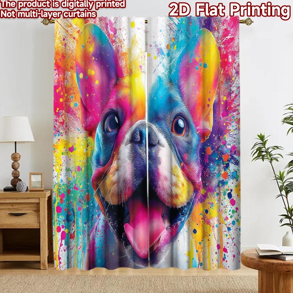 2D flat printing 2pcs Curtain Curtains Colorful Bulldog Portrait Digital Printed Polyester Drapes Festive Curtains Perfect for