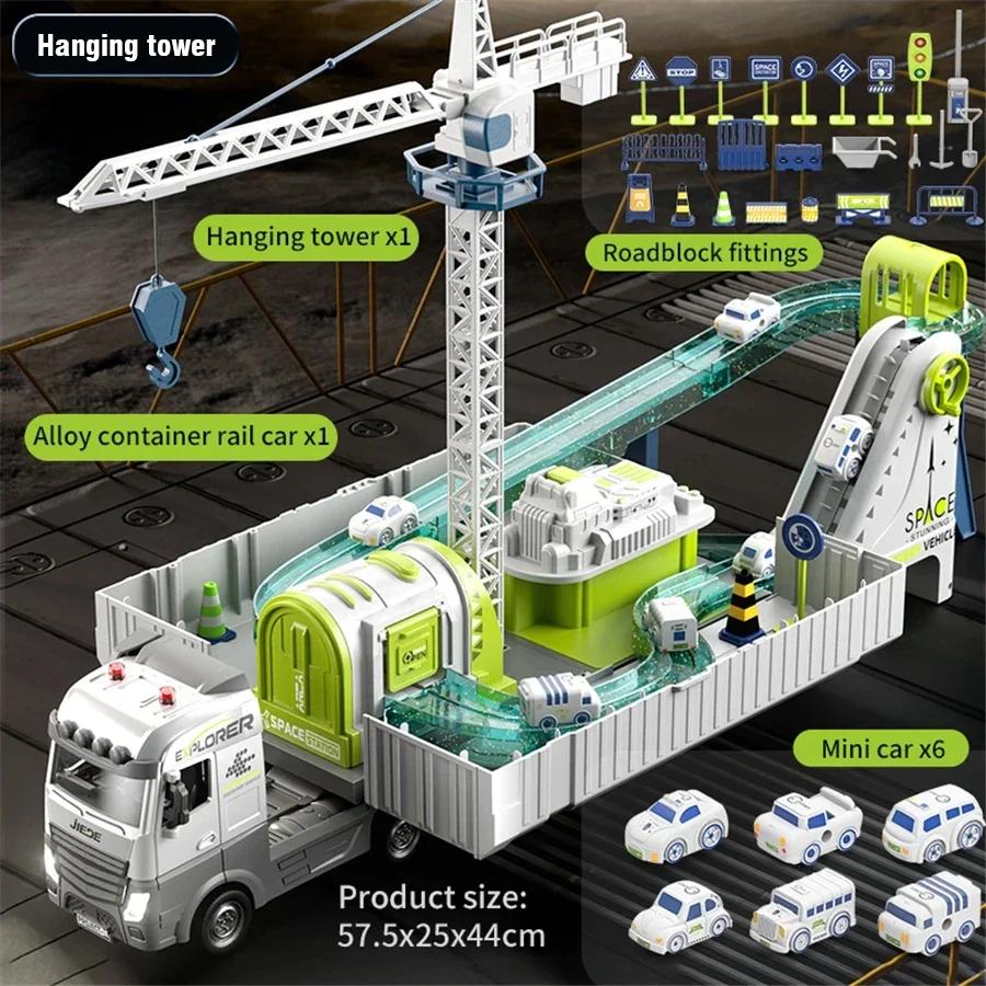 

Large Railcar Alloy Hanging Tower Container Truck Engineering Car Track Assemble Crane Truck Toy Vehicle Models for Boys Kids