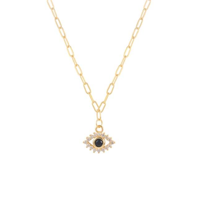 Simple Paper Clip Chain Diamond Necklace Jewelry Women Evil Eye Pendant Necklace  Trendy Gold Chain Collares Bijoux