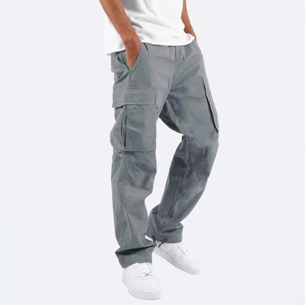 Summer Men's Casual Work Pants Drawstring Multi-Pocket Straight Leg Polyester Fiber Commute Style Mid Waist Trousers