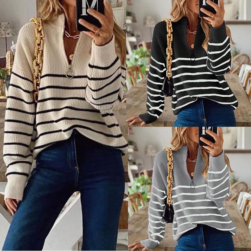Autumn Loose Striped Long Sleeve Pullover Women's Sweaters Winter Tops Vintage Zipper Round Neck Knitted Sweater Woman Elegant Ladies Jumpers 25130
