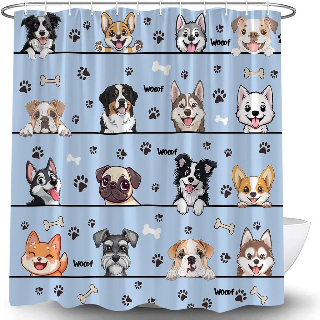Lovely Dog Shower Curtains Cute Puppies Cartoon Animal Paw Print Funny Pet Lovers Vintage Country Blue Bath Curtain With Hooks