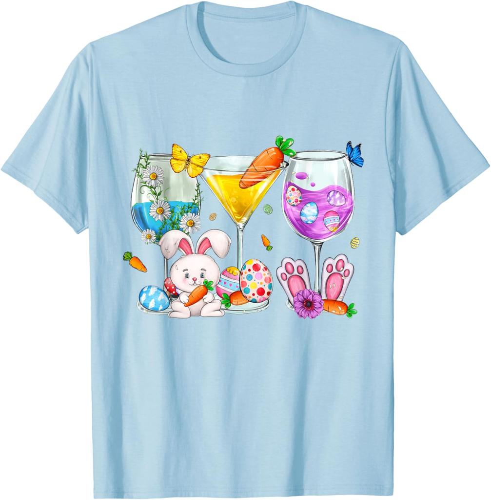 Easter Bunny Cocktail Glasses Wine Lover Martini Graphic T-Shirt Casual Daily Crew Neck Tee