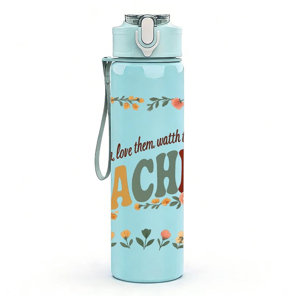 1PC Wildflower Teacher Letter Print 750ml Color Plastic Sports Water Bottle Leakproof Flip Straw Lid Suitable for Sports Office Home Use