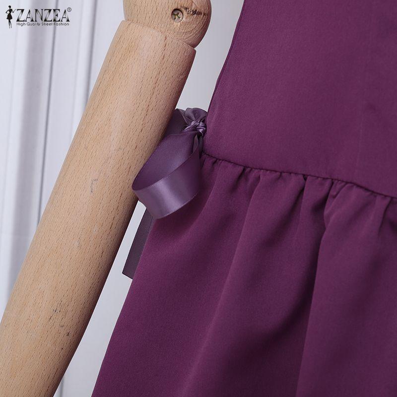 ZANZEA Women Casual Lapel Neck Short Sleeve Lace Hem Ruffled Dress