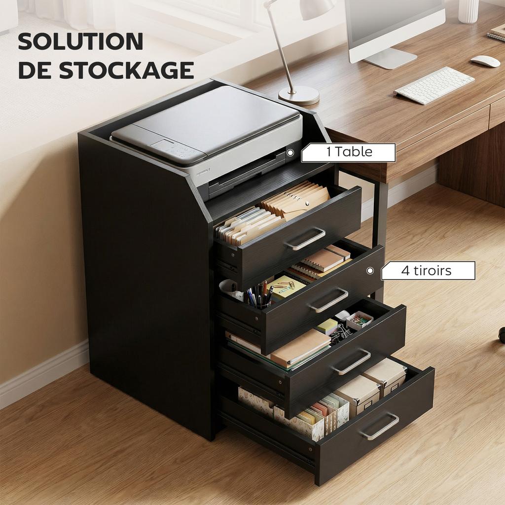 Office Storage Unit on Casters, 4 Sliding Wooden Drawers, 40 x 36 x 65 cm, Black