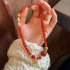 Natural New Chinese Style Necklace, Gray Agate and Red Agate Double Circle Bracelet, Cultural Item for Girls, Buddhist Prayer Beads