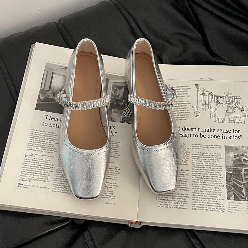 Fashion Temperament Rhinestone Word with Mary Jane Shoes Women's Summer New Simple Outer Wear Thick Heel Shoes