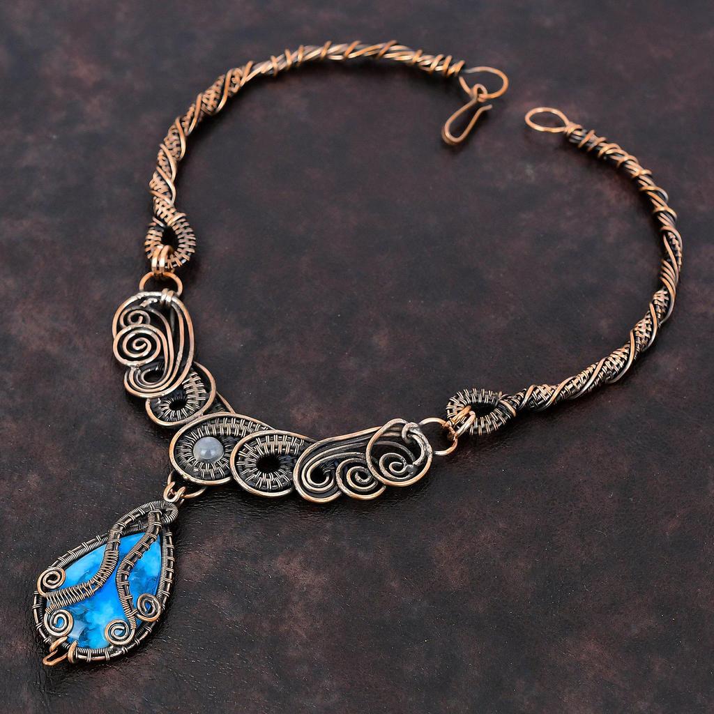 Collier Smithsonite Bijoux enveloppés de fil de cuivre Collier en pierres précieuses véritables Collier en cuivre fait à la main Collier en pierre de lune arc-en-ciel enveloppé de fil de cuivre