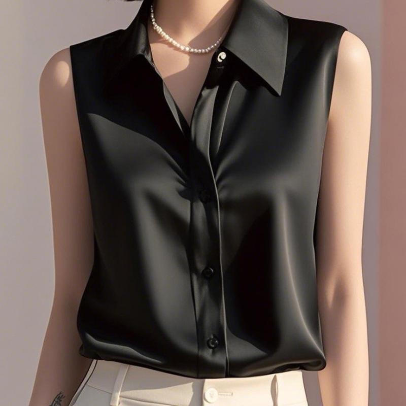 Damen Poloshirt im französischen Stil, weißer Satin, ärmellos - Vielseitige Sommer-Freizeitkleidung