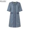 ZANZEA Women V Neck Puff Sleeve Smooth Print Casual Loose Tunic Dress