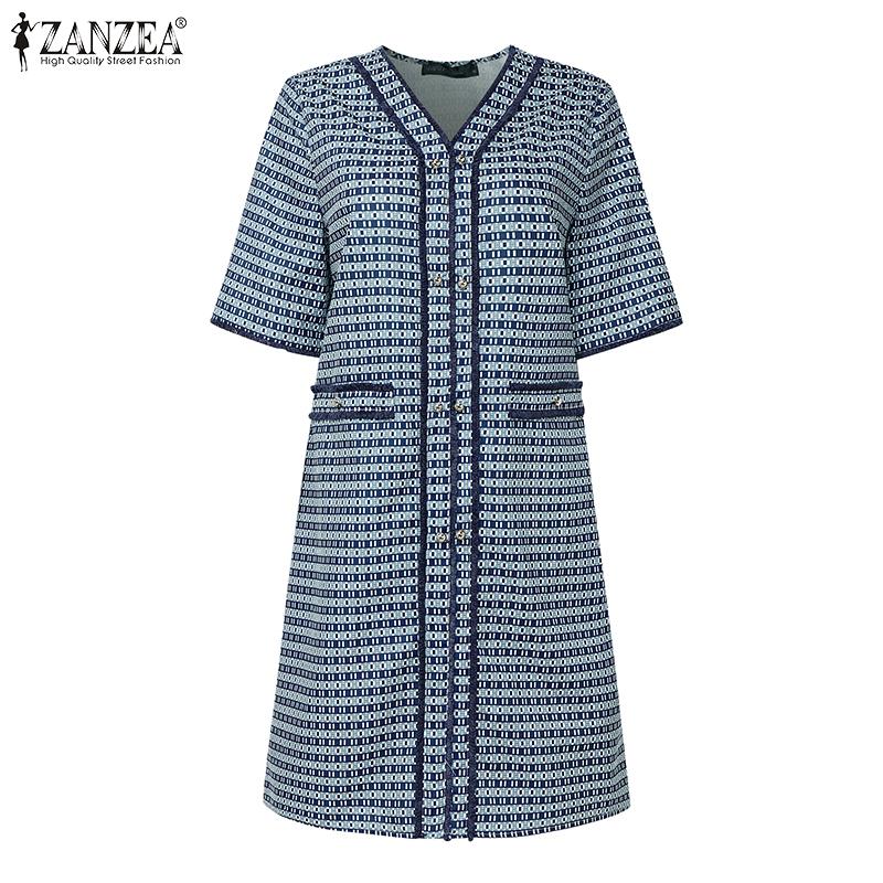 ZANZEA Women V Neck Puff Sleeve Smooth Print Casual Loose Tunic Dress