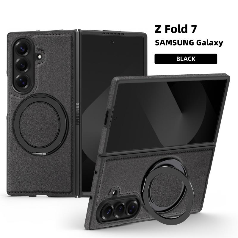 Für Samsung Galaxy Z Fold7 Fold6 Fold5 Fold4 Hülle Magsafe Magnetisch 360° Drehung Intelligenter Metallhalter Ständer Mattschwarze Lederhülle