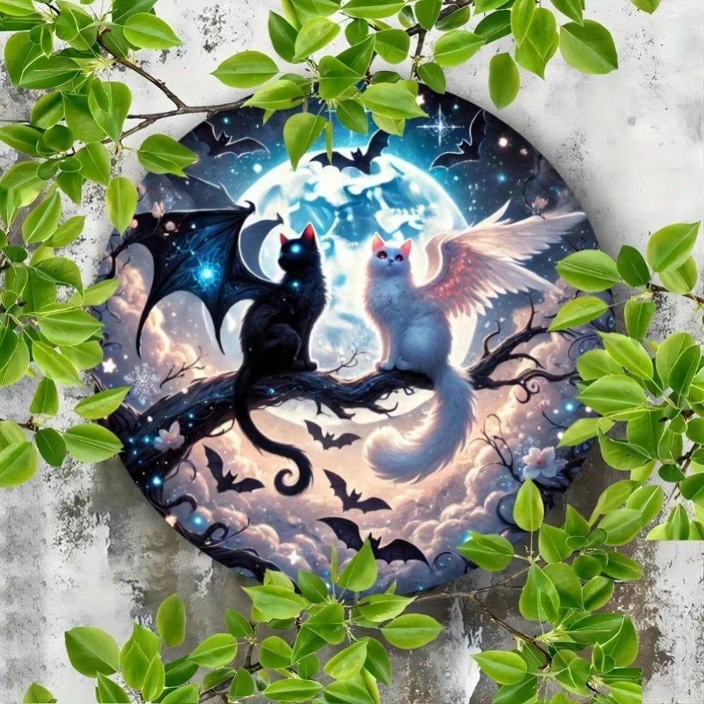 Gothic Black White Cats Metal Sign Moon Bats Decor for Home Office Garden