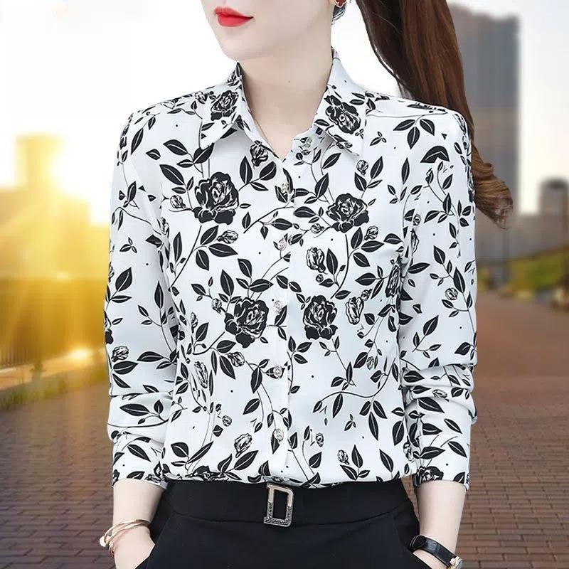 Spring Autumn Turn-down Collar Women's Clothing Long Sleeve Button Up Plant Flowers Printing Cardigan Shirt Casual Elegant Tops