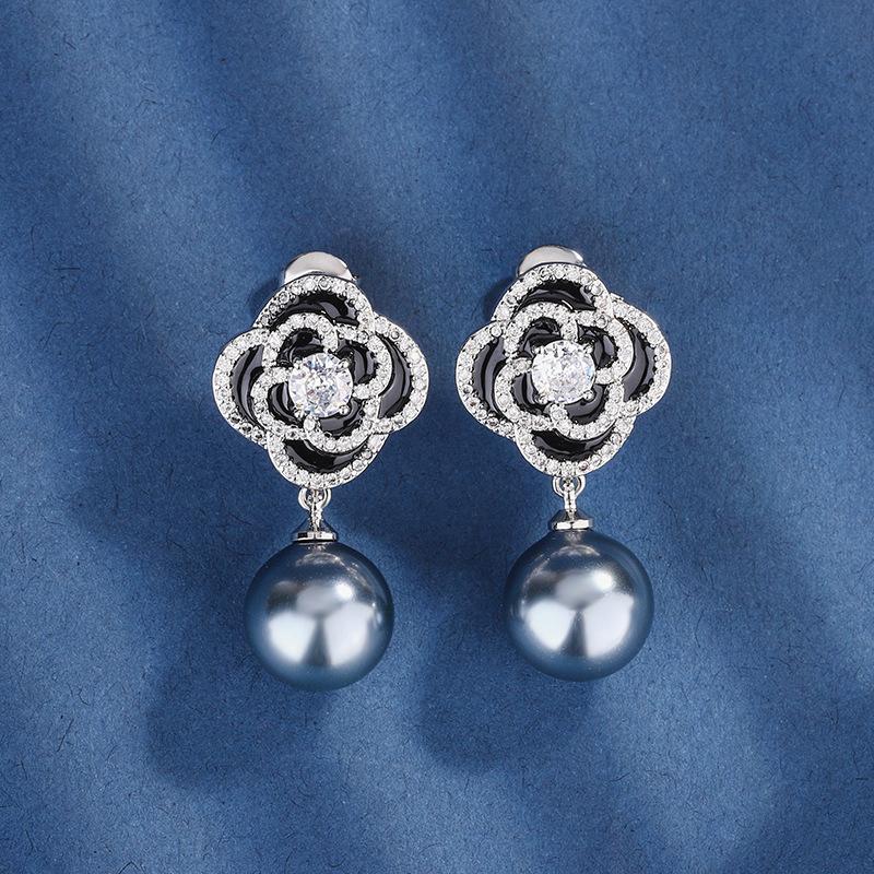 Jewelry Copper Bottom Gold-Plated Inlaid Pearl Temperament Camellia Set Female 16-14Mm