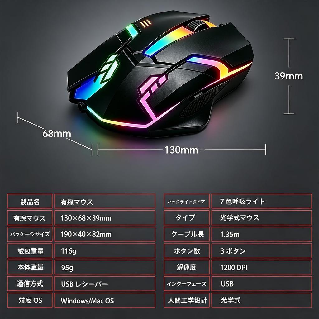 Padholds Gaming Mouse, Laptop Mouse, Wired Mouse. Features a 7-color Automatically Switching Backlight (breathing Effect), 1200 DPI Resolution, 3