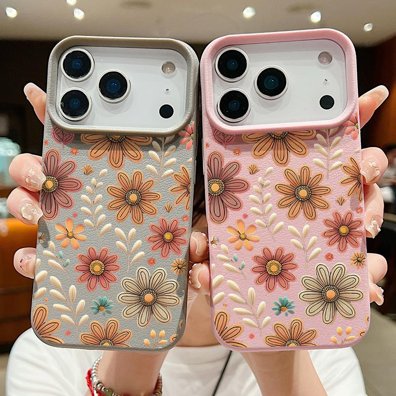 Full Screen Line Drawing Daisy Pattern Soft TPU Phone Cover For iPhone 17 Pro Max Air 16e 15 14 13 Shockproof Case with Leather Texture Design
