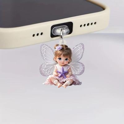 1 Piece For Phone Interface Dust Plug Hanging Decoration 2D Flat Acrylic Angel Fairy Cat Phone Dust Plug Decorative Accessories