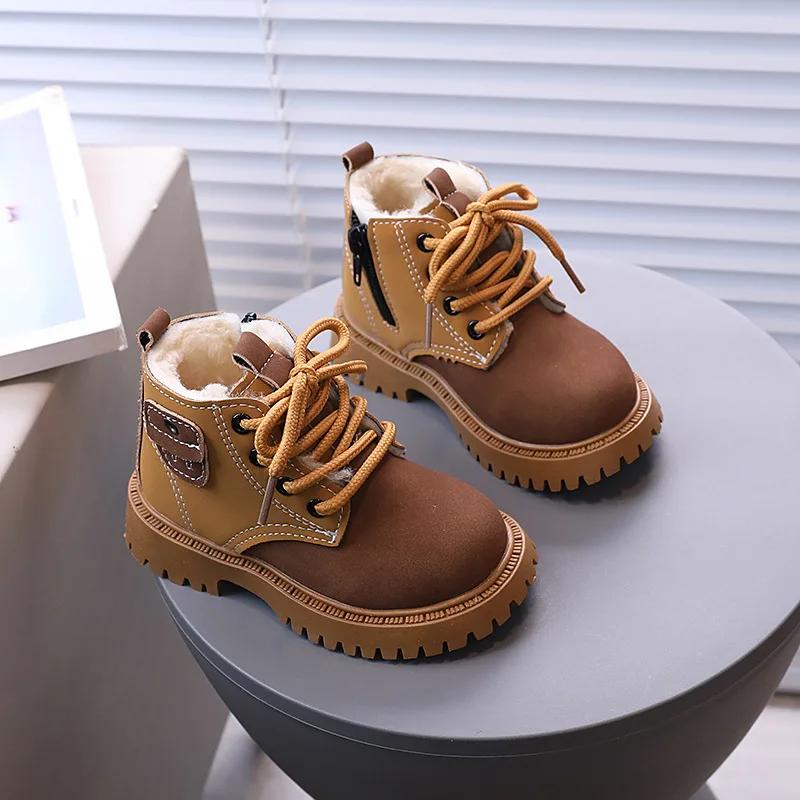 Children  Boots Winter Thickened Boys Girls Anti Slip Warm Leather Boots Side Zipper Solid Color Kids Casual Shoes I01291