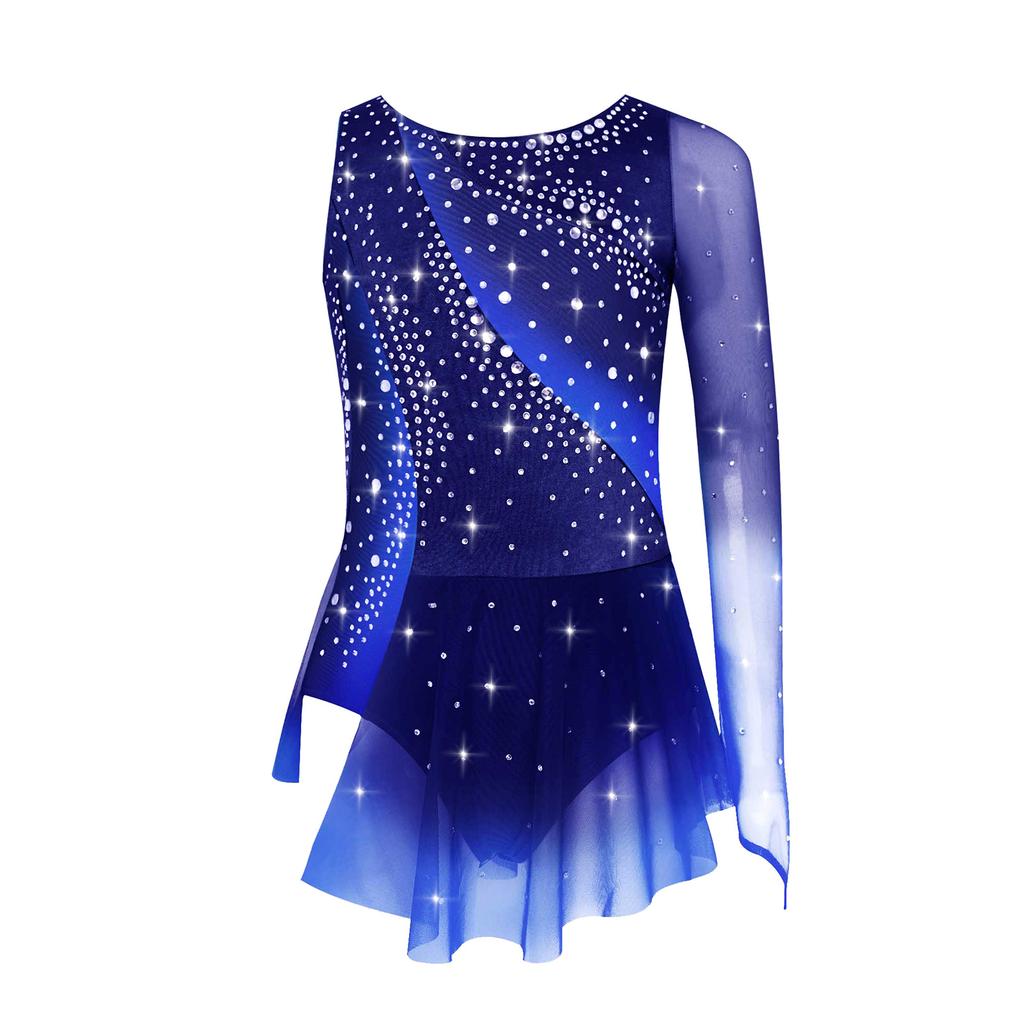 Girls Modern Lyrical Dance Dress High-Low Tulle Split Rhinestone Ballet Gymnastics Leotards Figure Skating Performance Costume