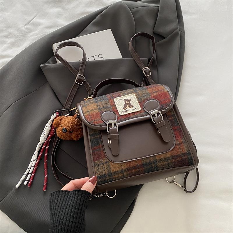 Woolen plaid portable small bag women's new trendy fashion college style backpack winter retro messenger bag