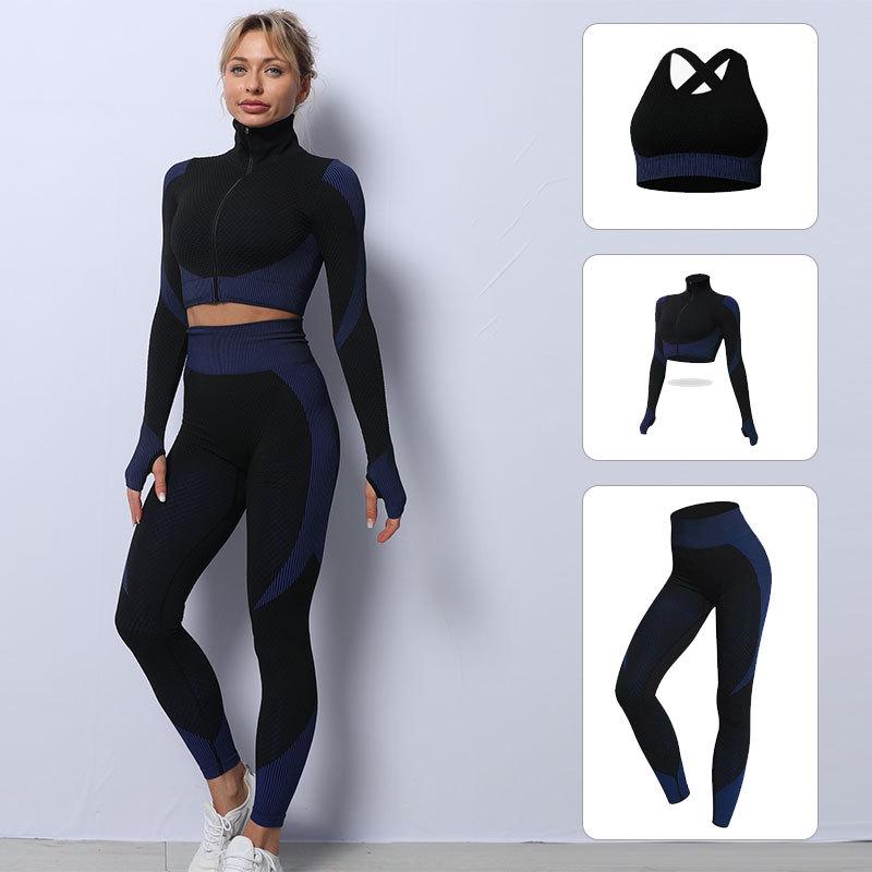 Costum de yoga din tricot fără cusături pentru femei: Set de toamnă/iarnă din 3 piese cu ridicare de șold pentru fitness și alergare