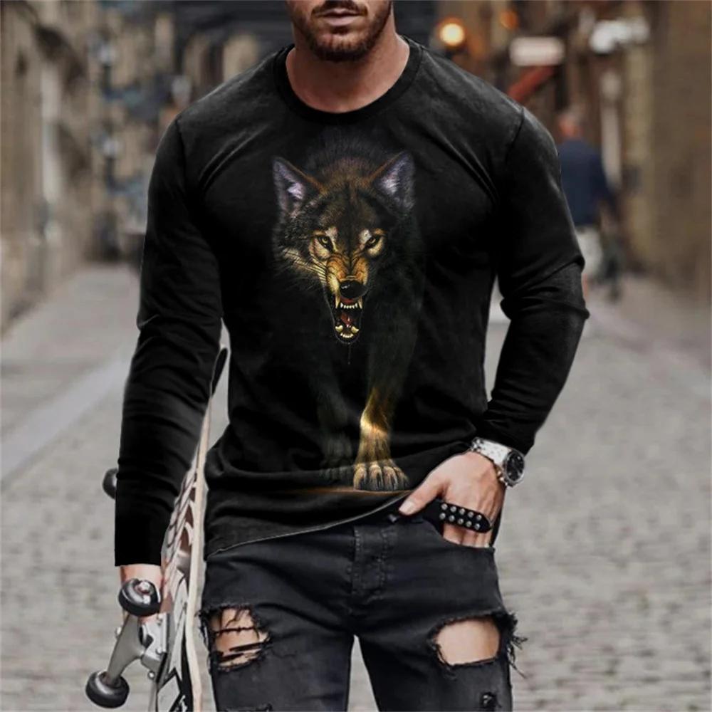 Fashionable New Animal Lion Print Men's O-neck Long Sleeved T-shirt Casual Oversized Pullover Round Neck Comfortable Top