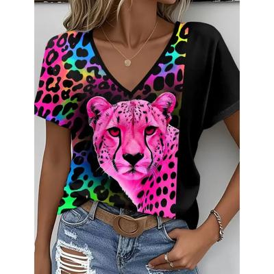 Sommer V-Ausschnitt 3D Tier Leopard Muster Bedrucktes Oberteil Modische Lässige Kurzarm Damen T-Shirts