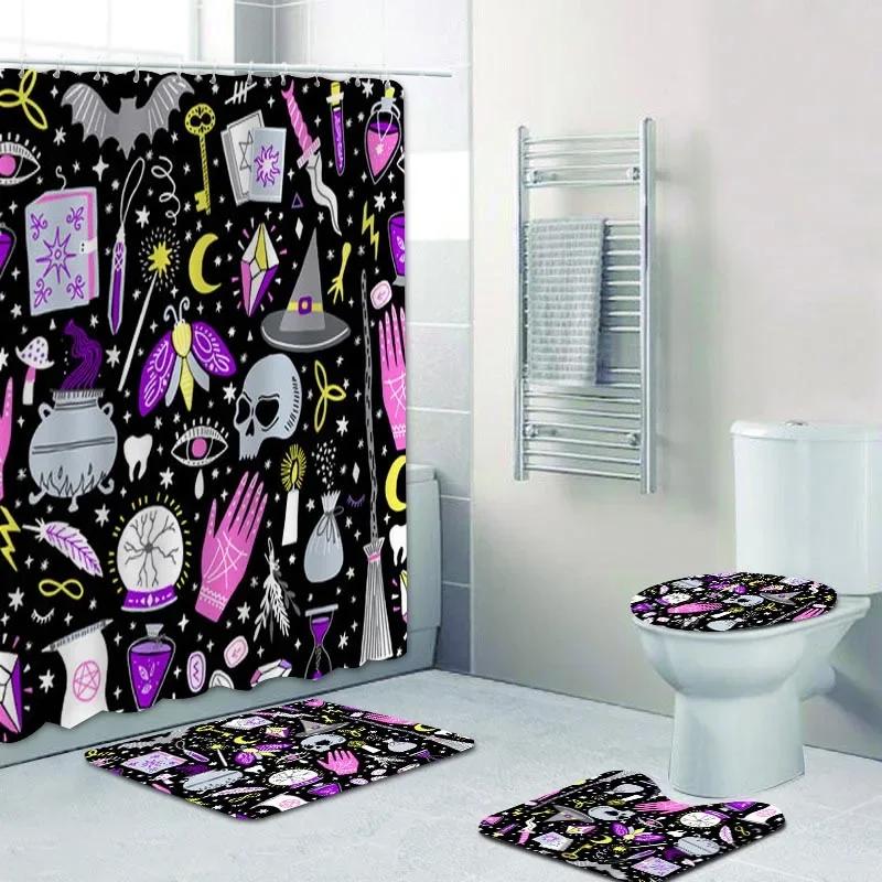 

Girly Bohemian Black Alchemy Magic Witch Witchcraft Bathroom Shower Curtains Set Halloween Skull Tarot Bath Mats Rug Home Decor W60H190(CM)-1 Pcs