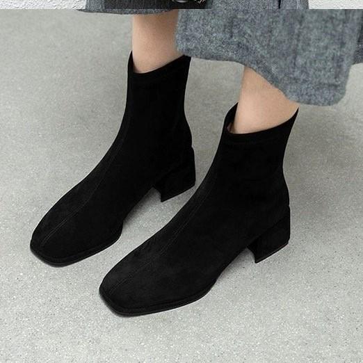 

толстый каблук квадратный носок короткие ботинки осень и зима новые средний каблук высокий каблук модные ботинки замша темперамент тонкие ботинки 40 чёрный