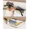 Vintage Rimless Cut Edge Sunglasses Metal Temples UV400 Cheetah Design Sunglasses Rectangle Sun Glasses for Women & Men