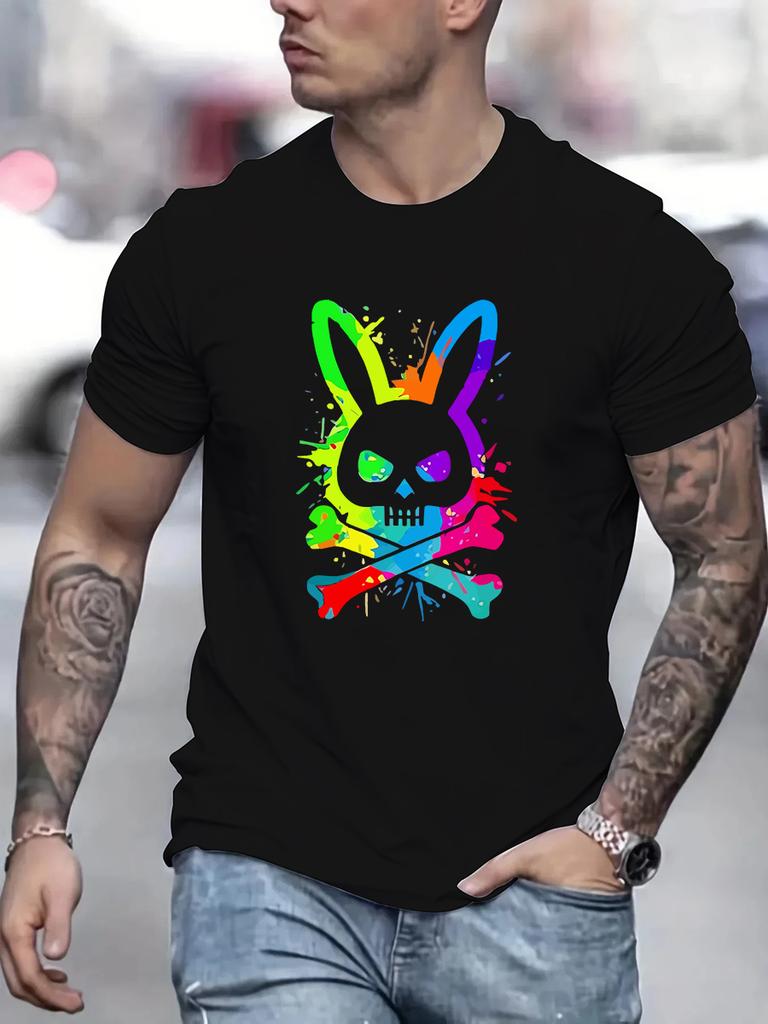 Men's Summer 100% Pure Cotton Fashionable Casual Loose Color Skull and Rabbit Print Sports Round Neck Short Sleeved T-shirt Top