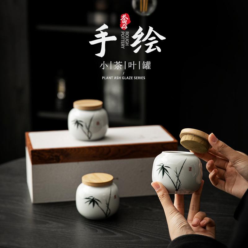 Pure hand-painted bamboo ceramic tea can, mini portable small tea sealed can, portable tea storage, tea storage, small pot
