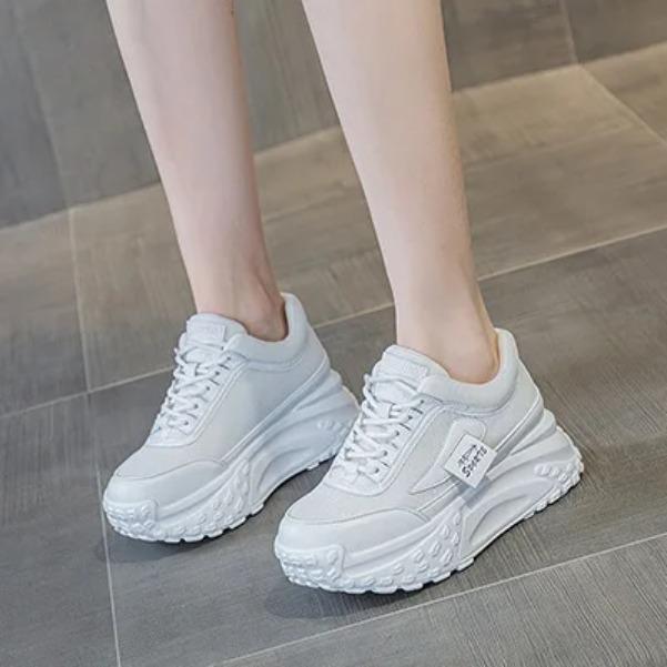Silver Leather Platform Shoes Women's Luxury Thick Sports 7cm Lace Up Slip On Sneakers Plus Size