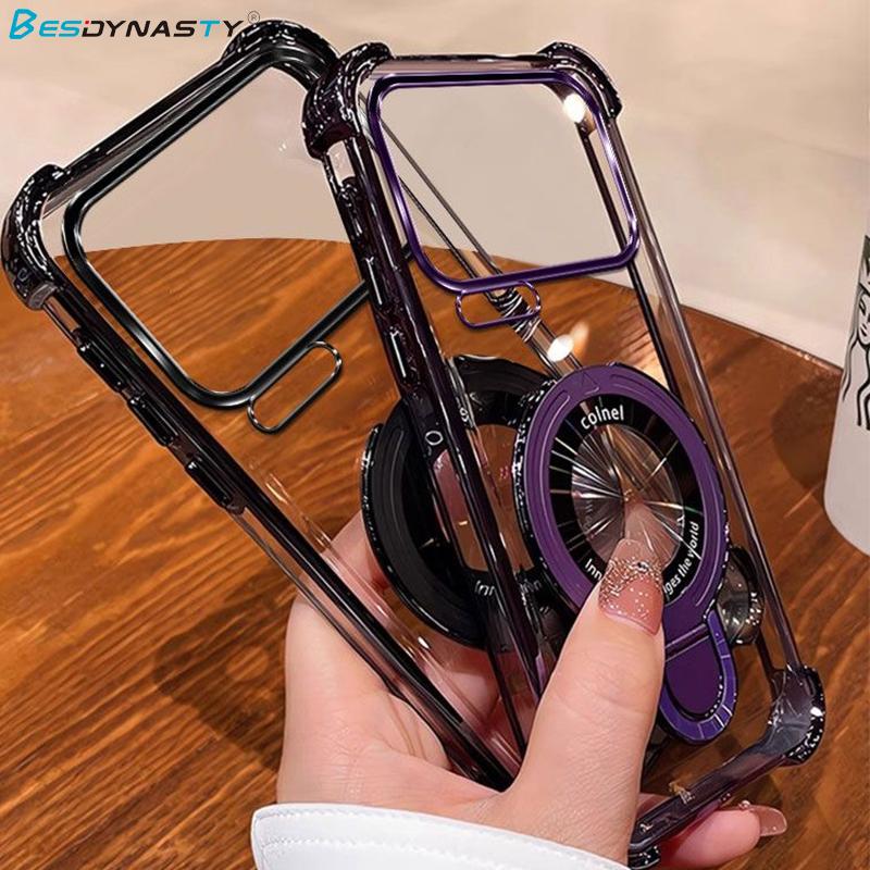 For Xiaomi 17 ProMax 15 T Pro 14T 13T PRO Transparent Plating Shockproof Magnetic Holder Case For Magsafe Gyro Stand Cover