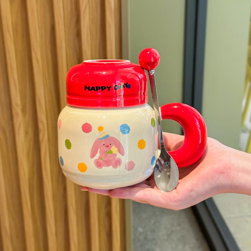 Milk fufu cute bear kettle large capacity ceramic mug with lid spoon couple coffee cup female birthday gift