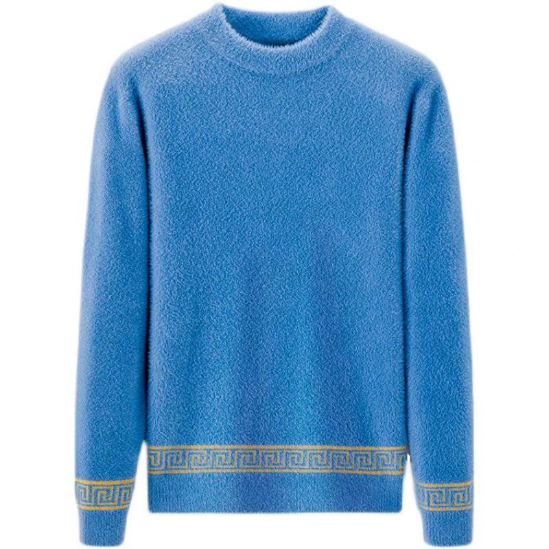 Men's European Jacquard Trend Crew Neck Faux Mink Cashmere Slim Fit Sweater