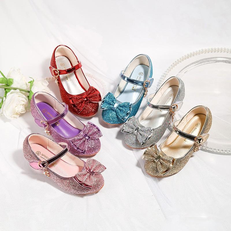 Girls Glitter Bow High Heel Princess Shoes Kids Party Crystal Performance Dress