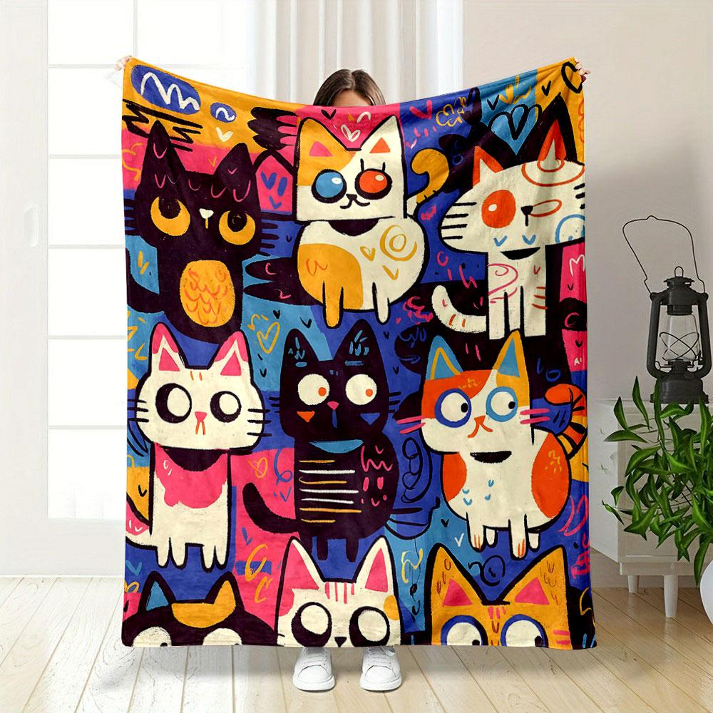 Colorful Cartoon Cats Pattern Patterned Blanket, Flannel, Suitable for All Seasons, Home Decor, Warm and Cozy
