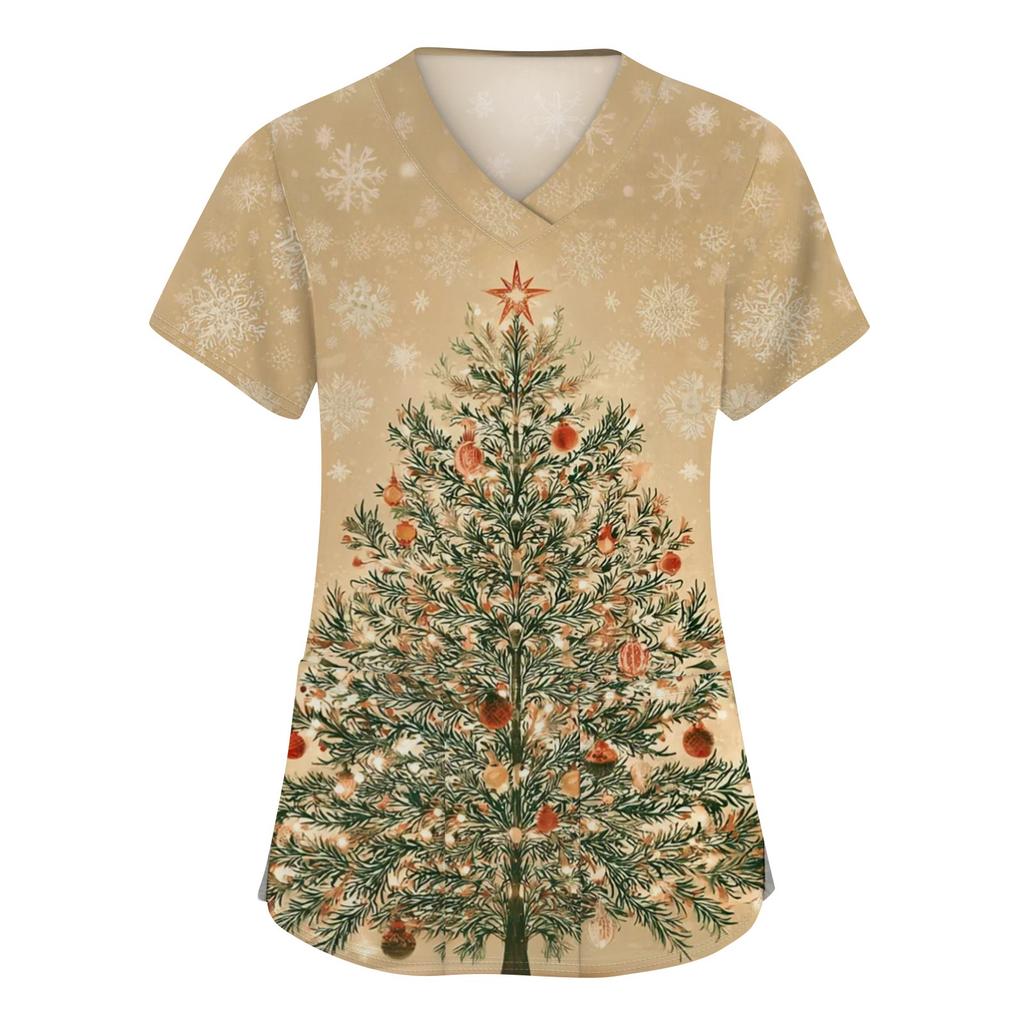 Women's Fashion V-neck Short Sleeve Workwear With Pockets Christmas Printed Tops