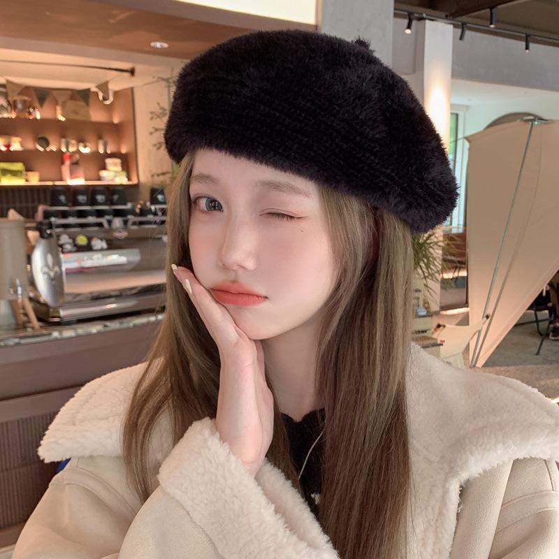 Autumn and Winter New Hat Women's Imitation Mink Beret Winter Warm Painter Hat Literary Retro Pumpkin Hat Tide