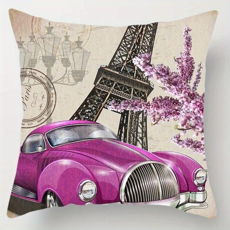 Vintage Cars and Eiffel Tower Throw Pillows Pattern Cushion Cover Suitable for Sofa Bedroom Car Pillow Cover