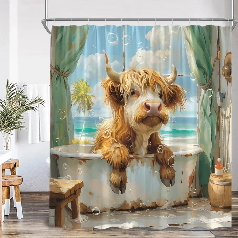 Roliga badande djur Duschdraperier Get Höglandsko Elefant Hund Gris Badrumsdekorationer Bad Djur Badkarsdraperi