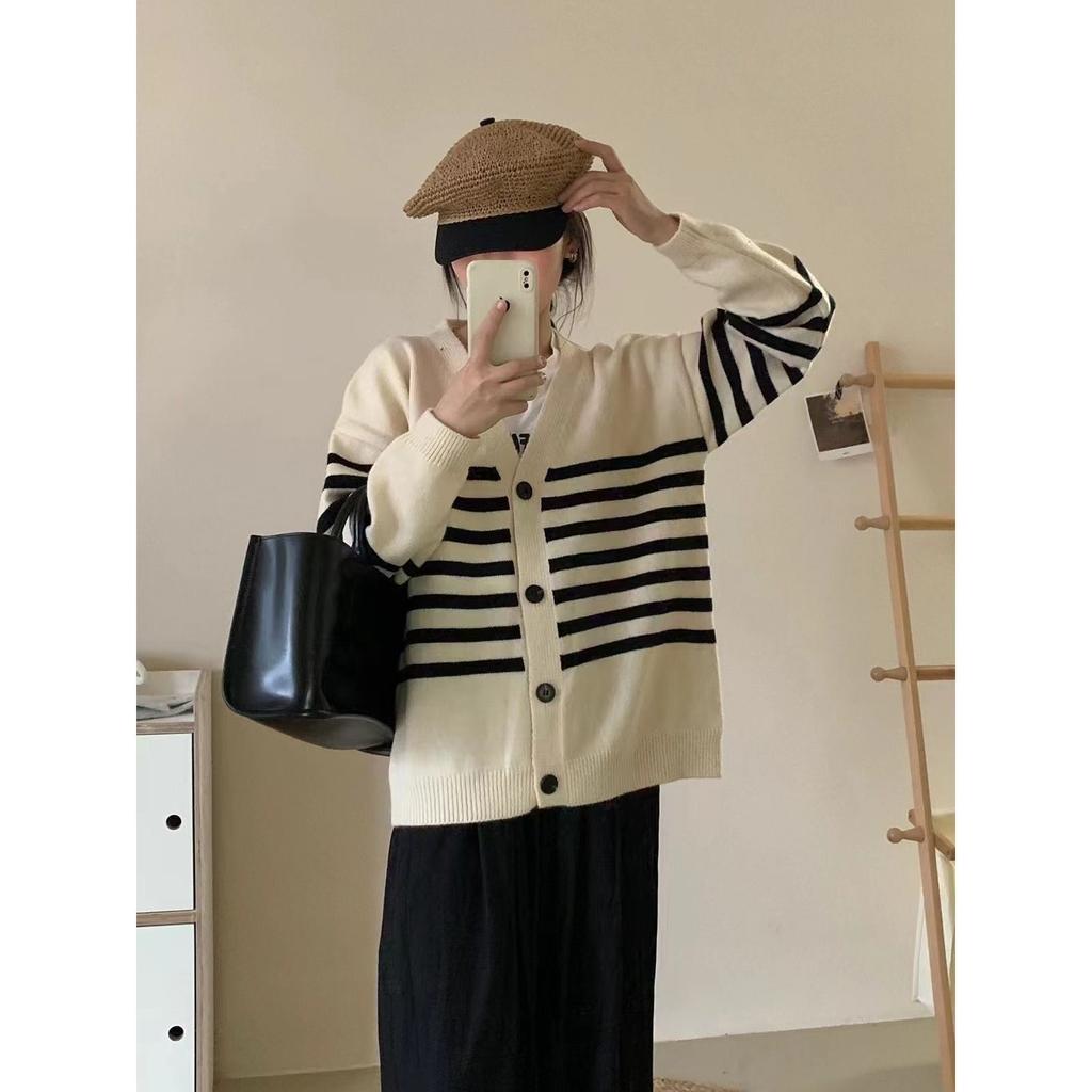 Pulover cardigan cu dungi tricotat pentru femei coreeană 2023 toamnă/iarnă design versatil sens cardigan pulover jachetă pentru femei