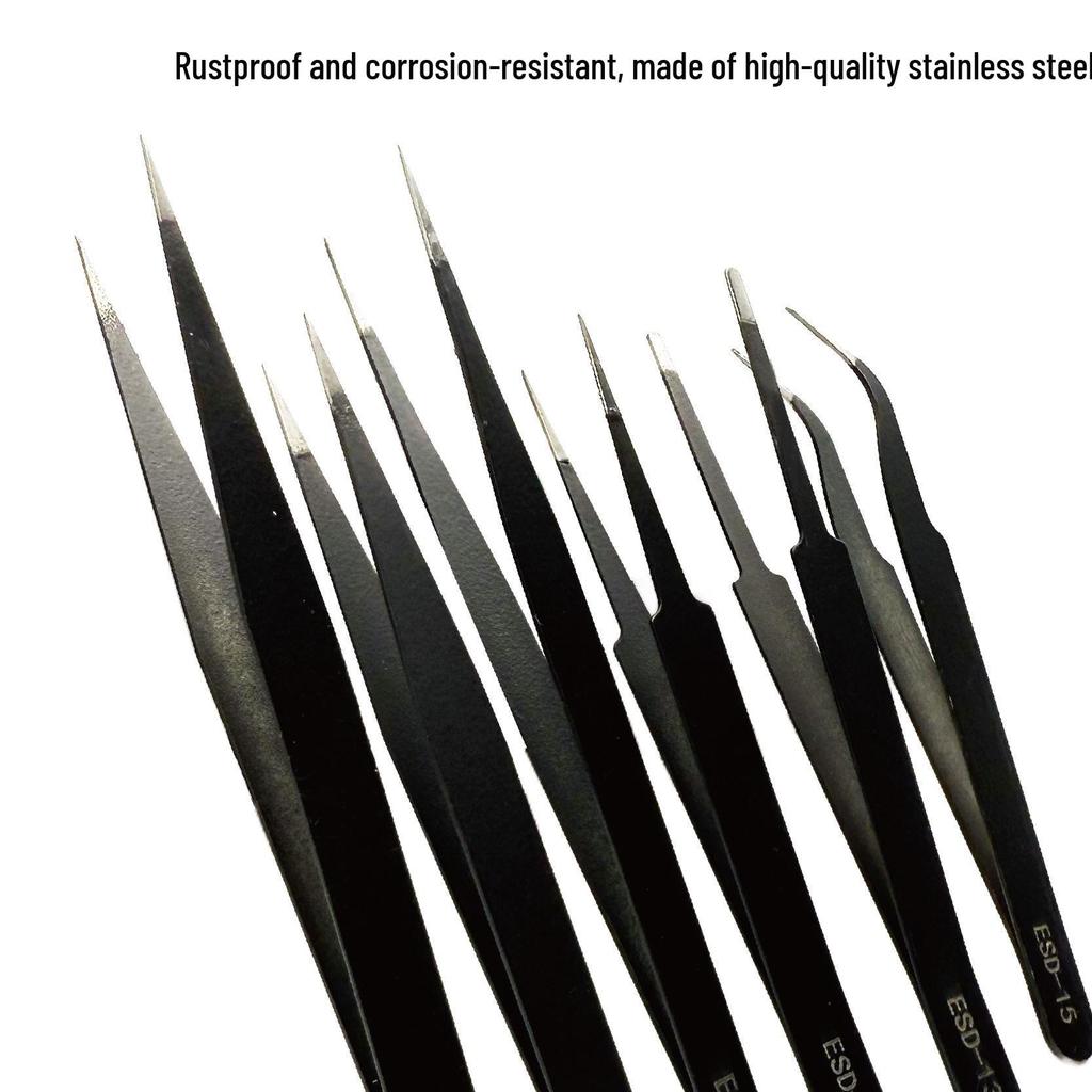 6-Piece Black Anti-Static Stainless Steel Bent Tip Tweezers Set, 1.0MM Thickness, for Nail Art and Industrial Use