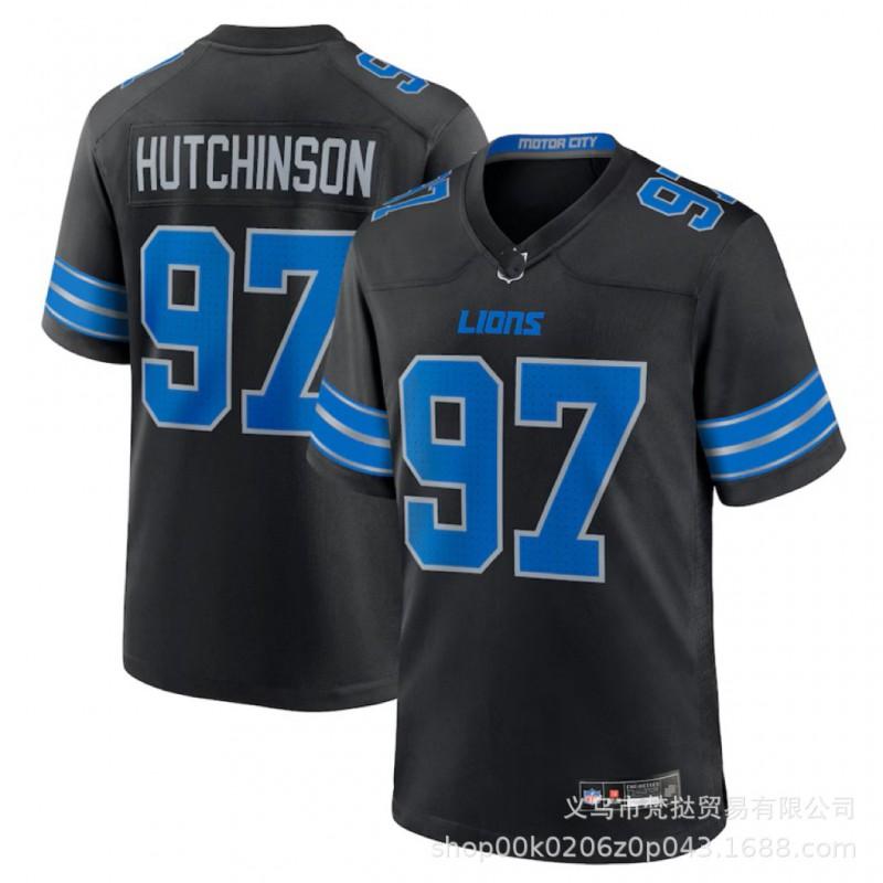 Mens NFL Detroit Lions Football Jersey Hutchinson 97 St. Brown 14 26 Blue Embroidered Team Sport Shirt Short Sleeve