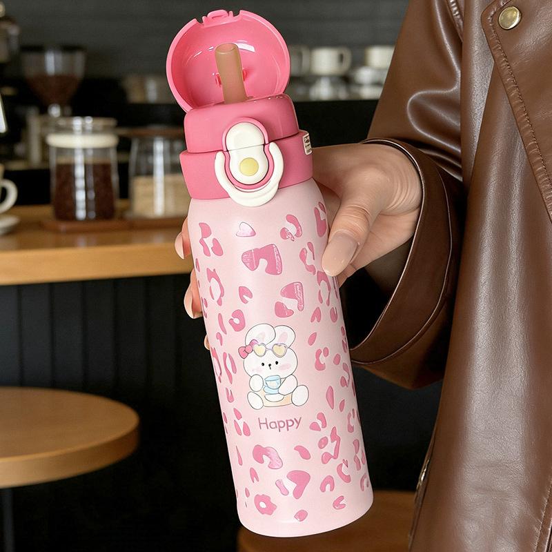 Water Bottle1011 Leopard Print Cute Children's Cup Gourd Cup New Thermos Cup Girls Water Cup Portable Straw Cup