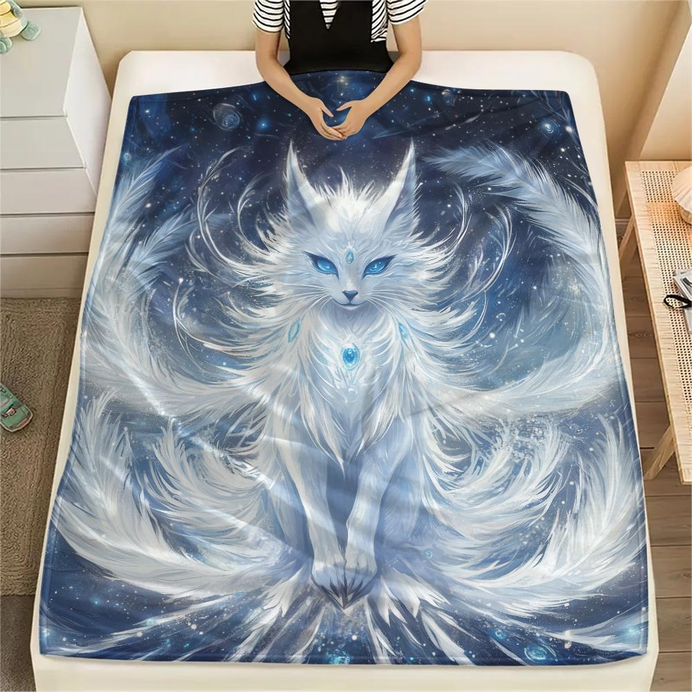 White Fox pattern Flannel Blanket, High quality Comfortable for All Seasons, Home Decor, Warmth and Comfort, Perfect for Gifts.